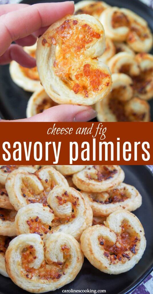 These savory palmiers need only 3 ingredients (puff pastry, cheese and fig preserves) but they are transformed into a delicious sweet-savory, crispy snack. Perfect for a party or any excuse you want to find!