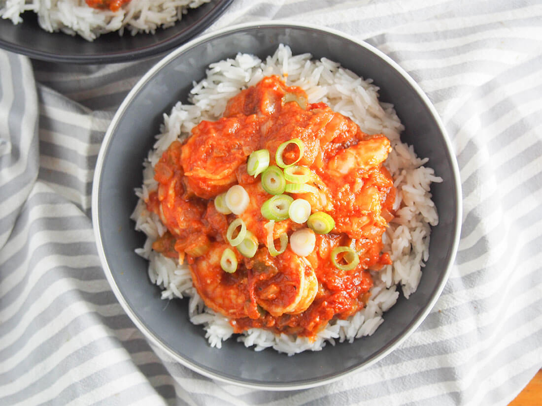 Bowl of shrimp creole viewed from overhead