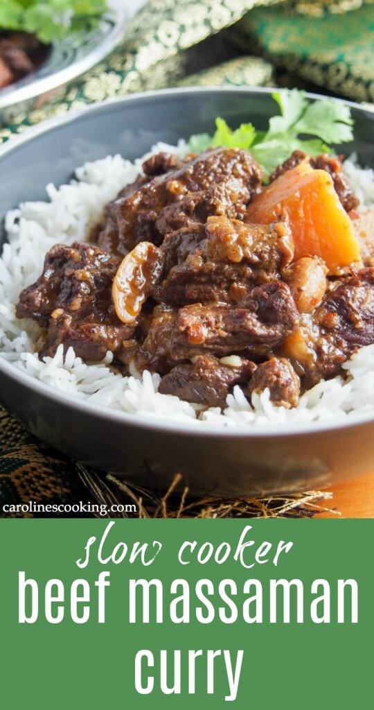 This beef massaman curry may not have the spicy heat of some other curries, but it is packed with fabulously aromatic flavors. The slow cooked beef is meltingly tender in this delicious meal. #slowcooker #beef #thaifood