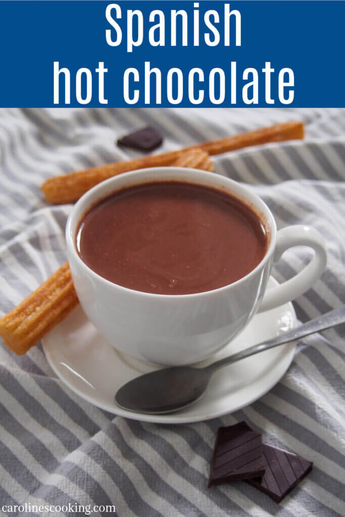 Spanish hot chocolate, 'chocolate caliente', is a wonderfully thick, rich and delicious treat. It's the traditional partner to freshly made churros, but it's also perfect just on it's own, especially on a cold day.