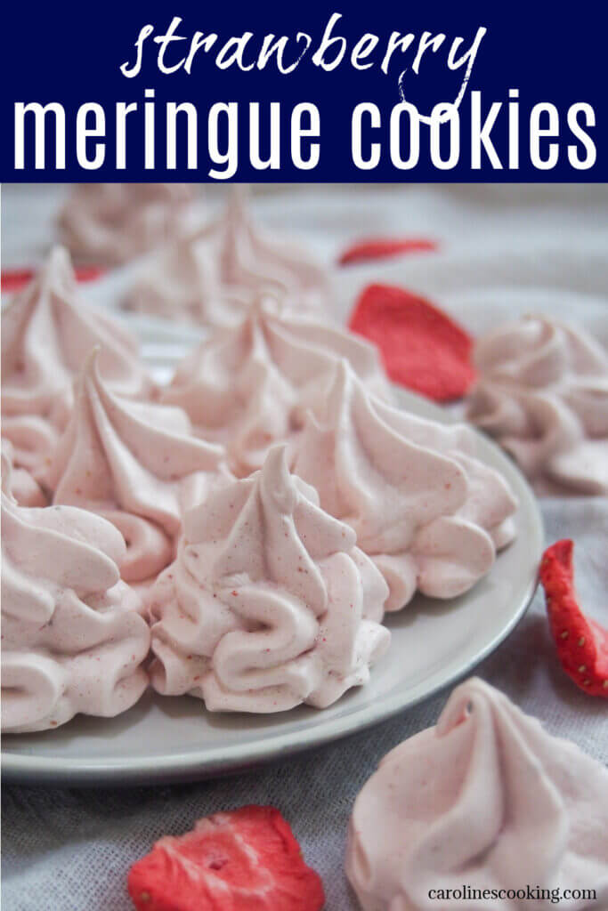 These strawberry meringue cookies are easy to make, with a wonderful delicate color, crunch and flavor. Perfect to snack on, decorate other desserts & more. With lots of tips, they are really not as intimidating as they might seem, and the result os so worth the little effort. Pretty, tasty and as a bonus they are gluten and dairy free. Naturally flavored with freeze dried fruit.