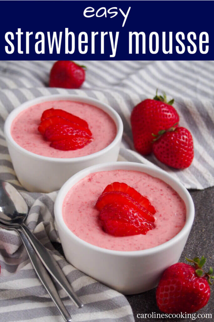 This easy strawberry mousse is a delicious balance of wonderful strawberry flavor and smooth creaminess. This recipe comes together easily and being made ahead, it's perfect for entertaining (not to mention with that beautiful pink, it's ideal for Valentine's Day too). Creamy, fruity deliciousness. #strawberry #mousse #dessert