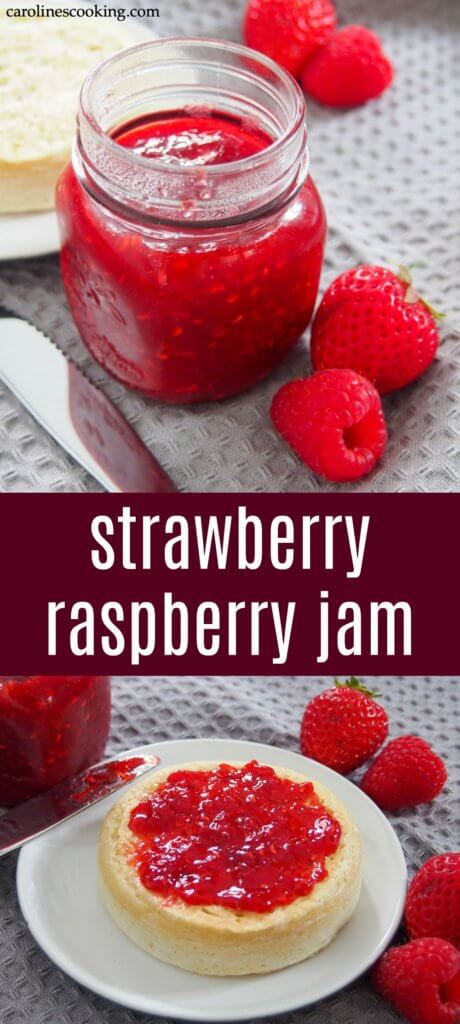 This strawberry raspberry jam is a delicious combination of summer berries in a sweet, bright spread. This recipe makes a small batch in no time that's perfect to top your toast and more.