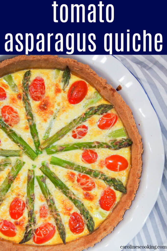 This spring-like tomato asparagus quiche has delicious, fresh flavors. It's great for brunch or lunch and will have people back for more. A great vegetarian option for a potluck as well.