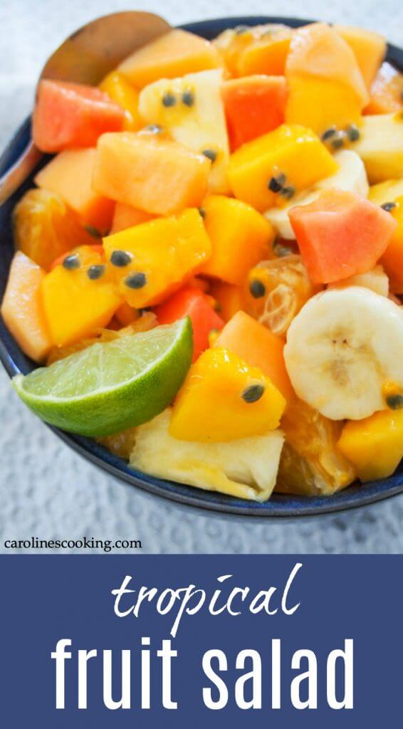 This tropical fruit salad is great for breakfast or brunch, either as it is or alongside some yogurt. It would also be great to add as a side for a potluck or BBQ or enjoy as dessert. Plus, it's as easy as chopping up a few fruits and mixing the dressing, but the result is a wonderfully tasty mix of fresh flavors. Easy, versatile and delicious: in other words, try it soon! #fruit #salad #tropicalfruit #potluck #brunch