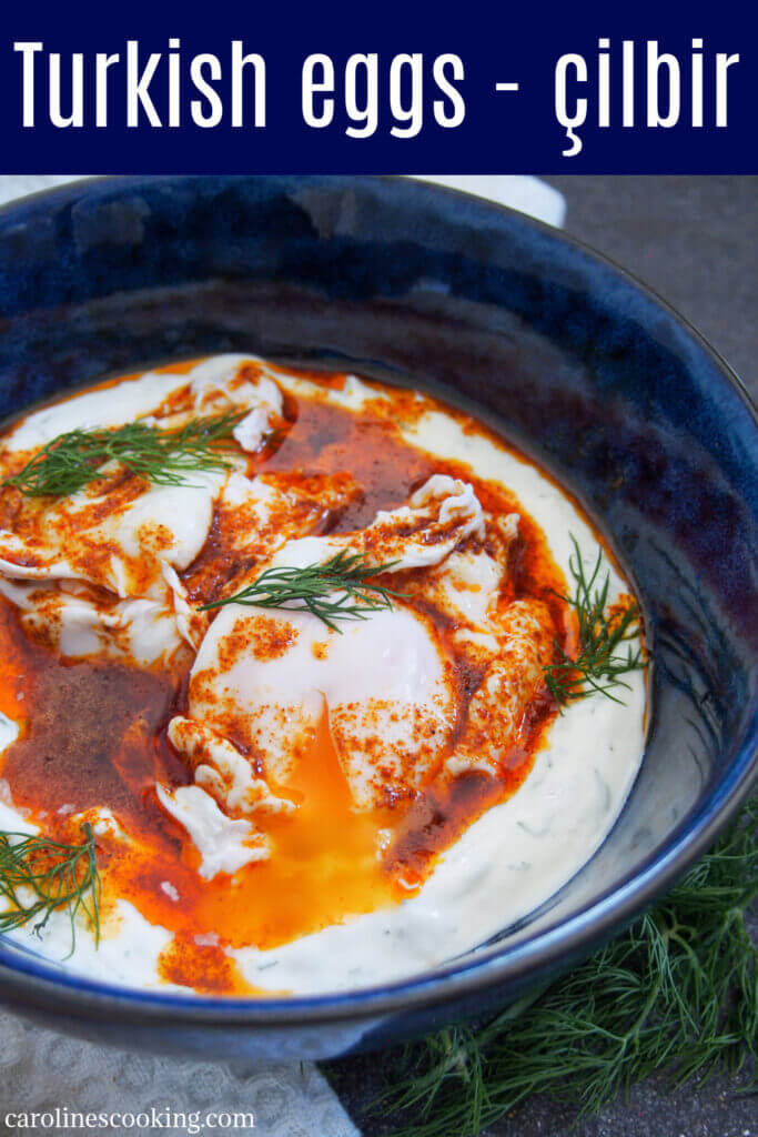 These Turkish eggs, çilbir, are so easy to prepare and have a wonderful combination of flavors. Poached eggs are served over a garlicy yogurt base, topped with a warm-spiced butter. It's light and thoroughly delicious.