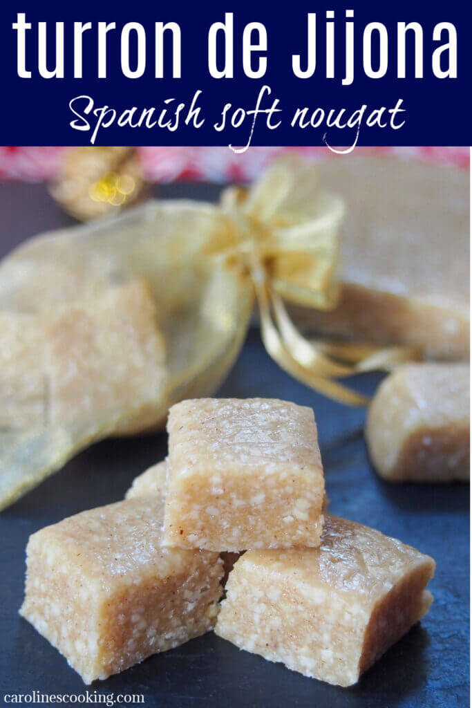 Turron de Jijona is Spanish soft nougat, full of delicious almond and honey flavor. Easy to make it's a great Holiday food gift or serve it to guests as an after dinner treat.