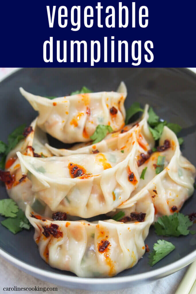 These vegetable dumplings (jiaozi) are filled with a tasty and colorful mix of veggies. They have a great texture too and are perfect with a simple dipping sauce or, my favorite, chili oil. So good, you definitely won't miss the meat!