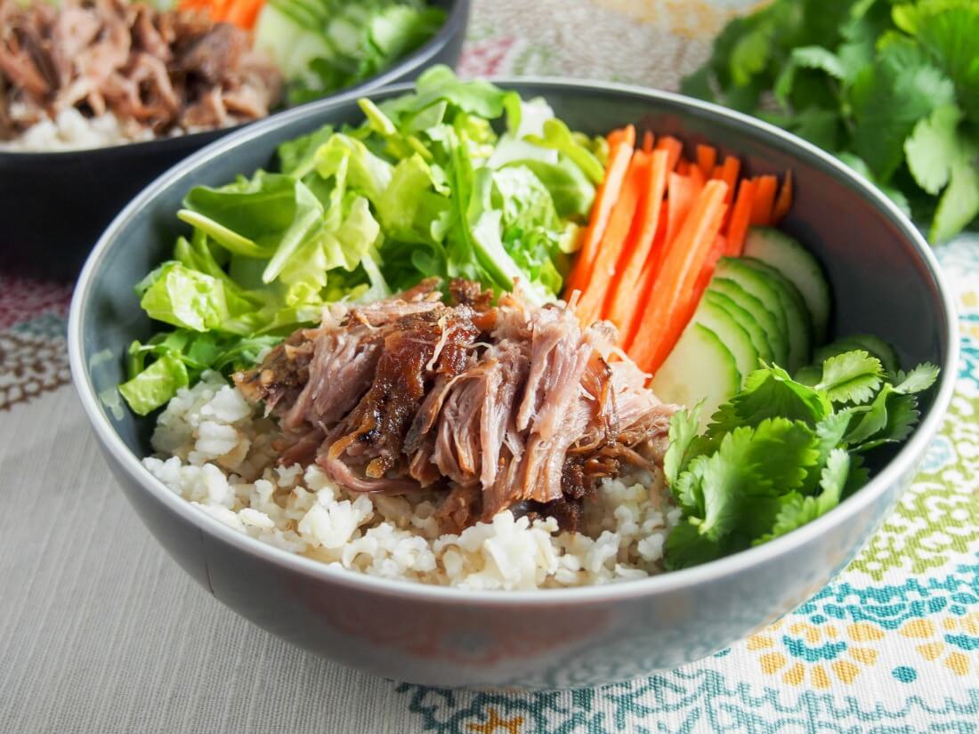 Vietnamese banh mi pork served as rice bowl