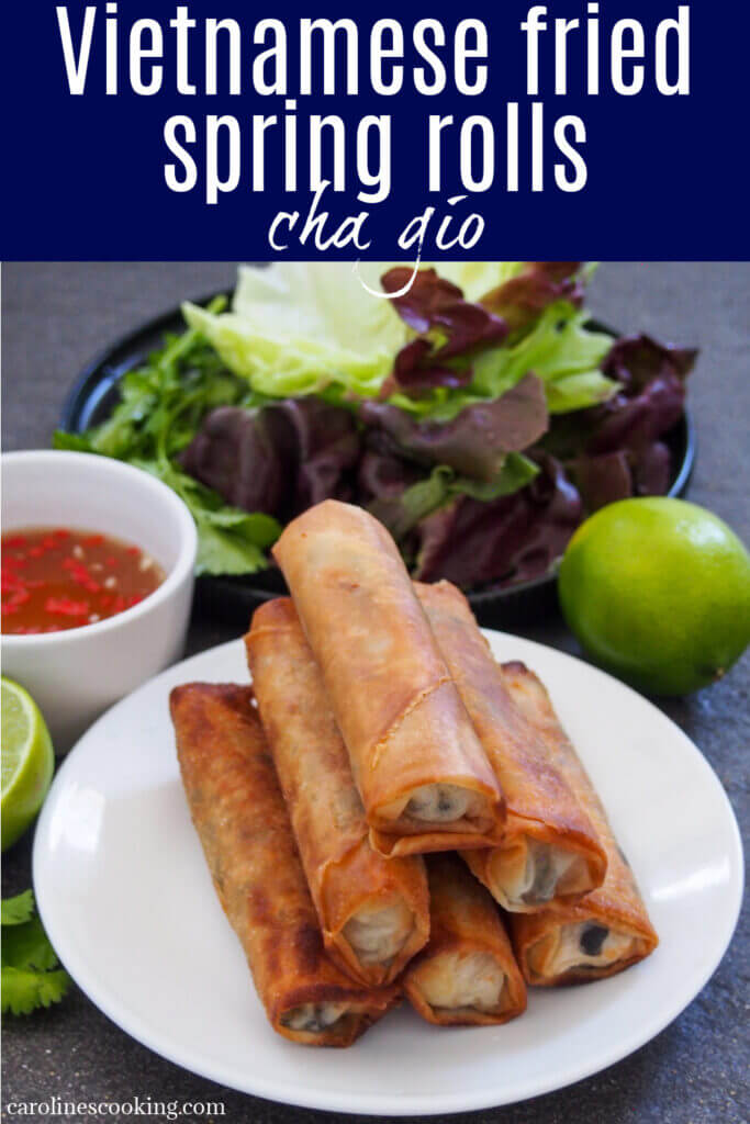 Vietnamese fried spring rolls (cha gio) have a delicious mix of crisp outside and tasty filling which includes noodles and pork. They make a great appetizer dipped in light nuoc cham sauce or added to other dishes.