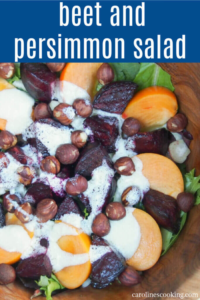 This winter beet salad is short on ingredients but full of flavor. From earthy beets to fragrant persimmon, all topped off with a delicious creamy goats cheese dressing. Great for lunch or as a side.