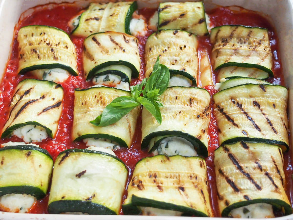 side view of dish of zucchini involtini